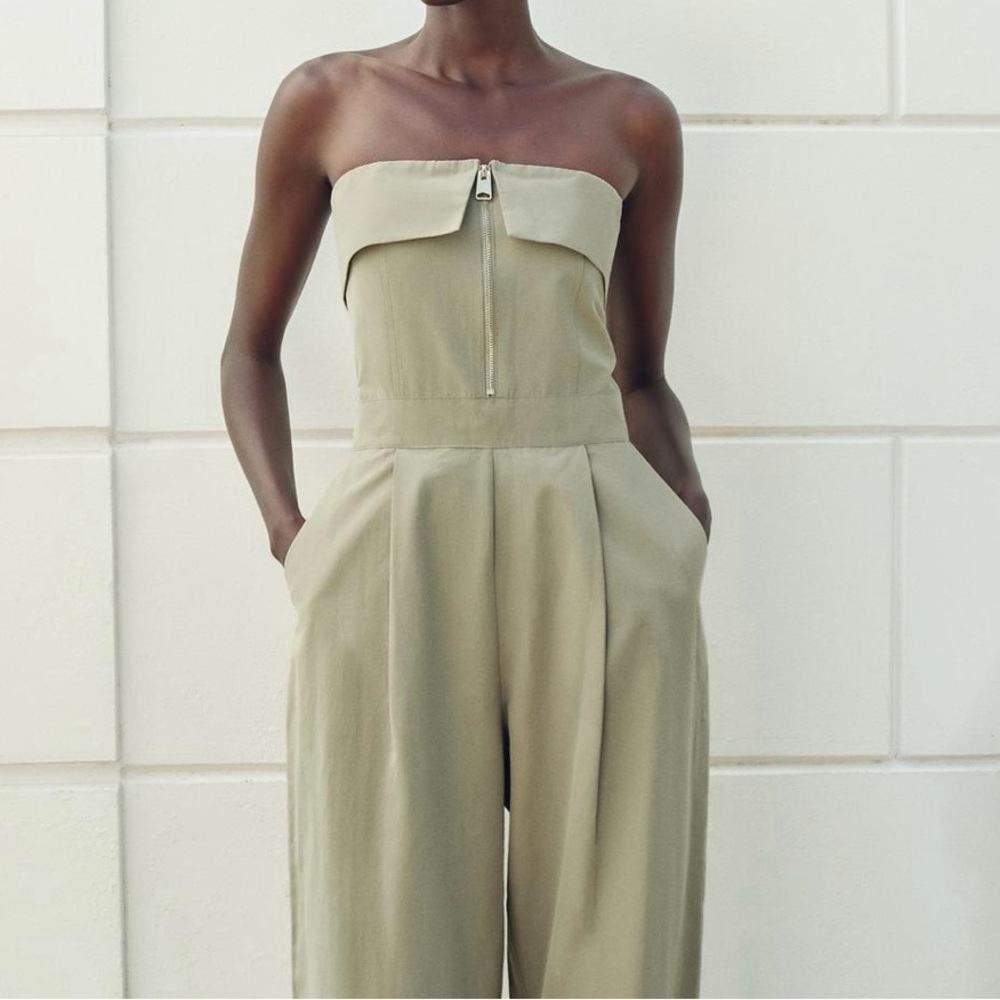 Zara NWT pale olive green zipper front foldover strapless bandeau tube jumpsuit - Picture 15 of 17
